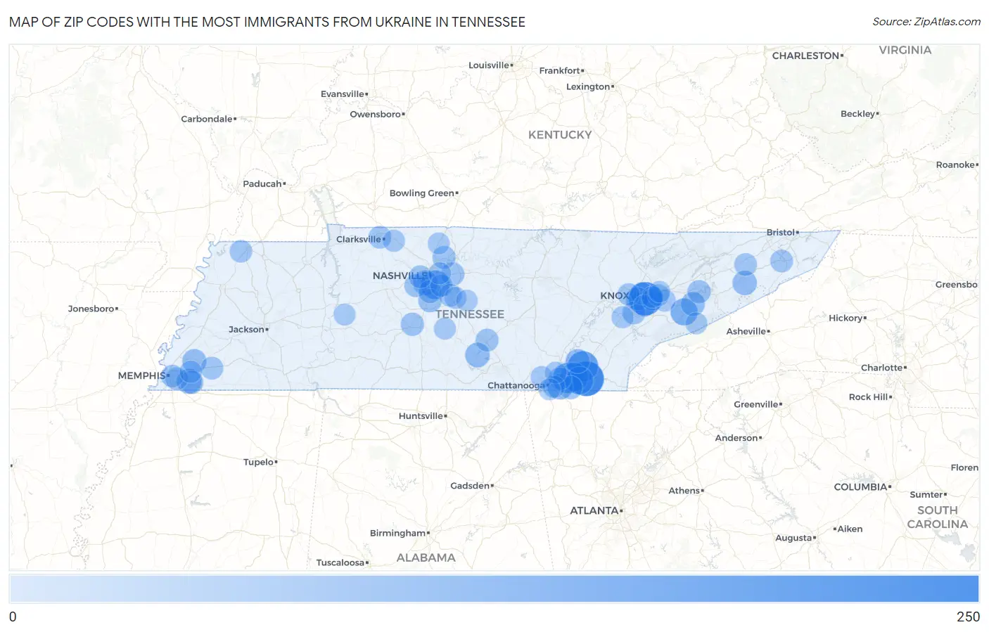 Zip Codes with the Most Immigrants from Ukraine in Tennessee Map