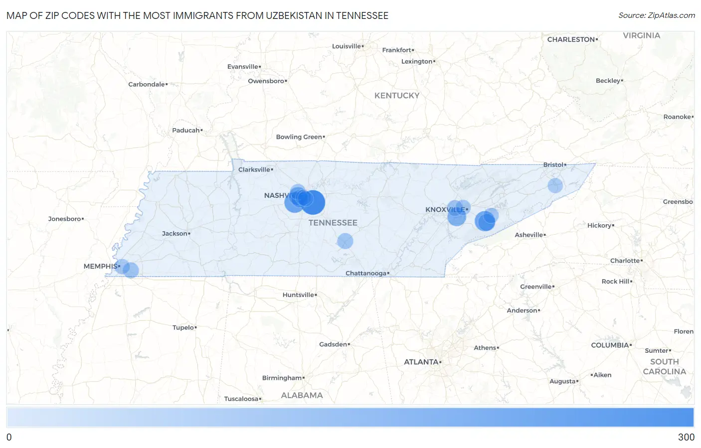 Zip Codes with the Most Immigrants from Uzbekistan in Tennessee Map