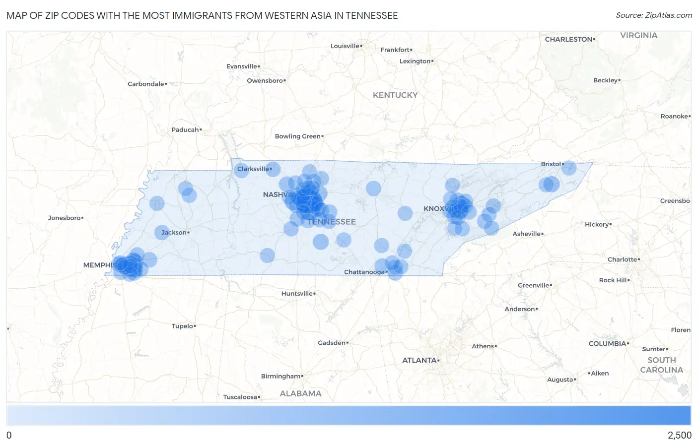 Zip Codes with the Most Immigrants from Western Asia in Tennessee Map