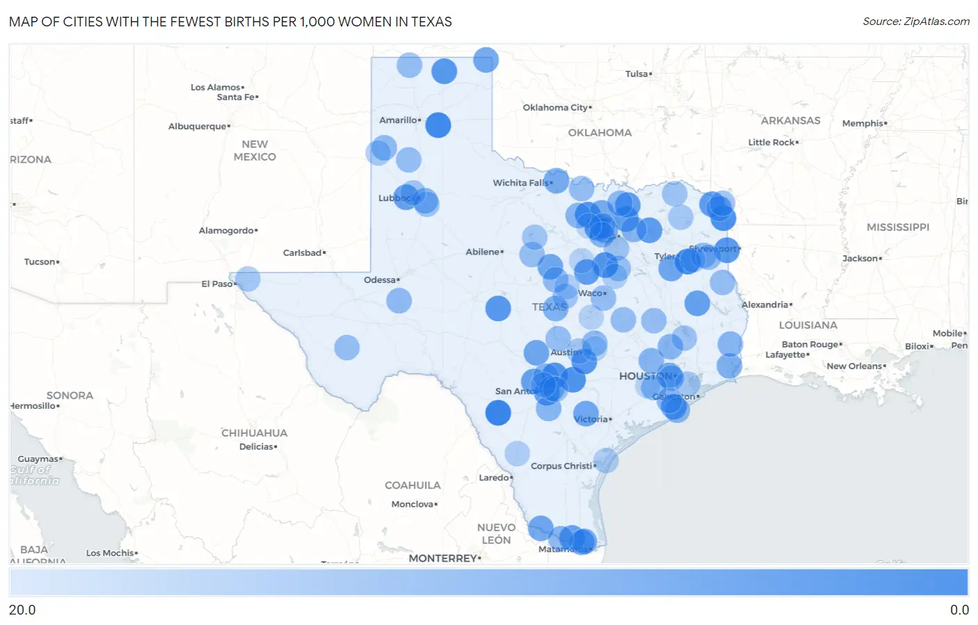 Cities with the Fewest Births per 1,000 Women in Texas Map