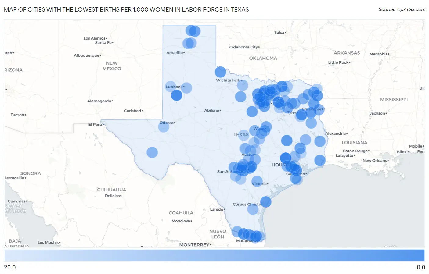 Cities with the Lowest Births per 1,000 Women in Labor Force in Texas Map