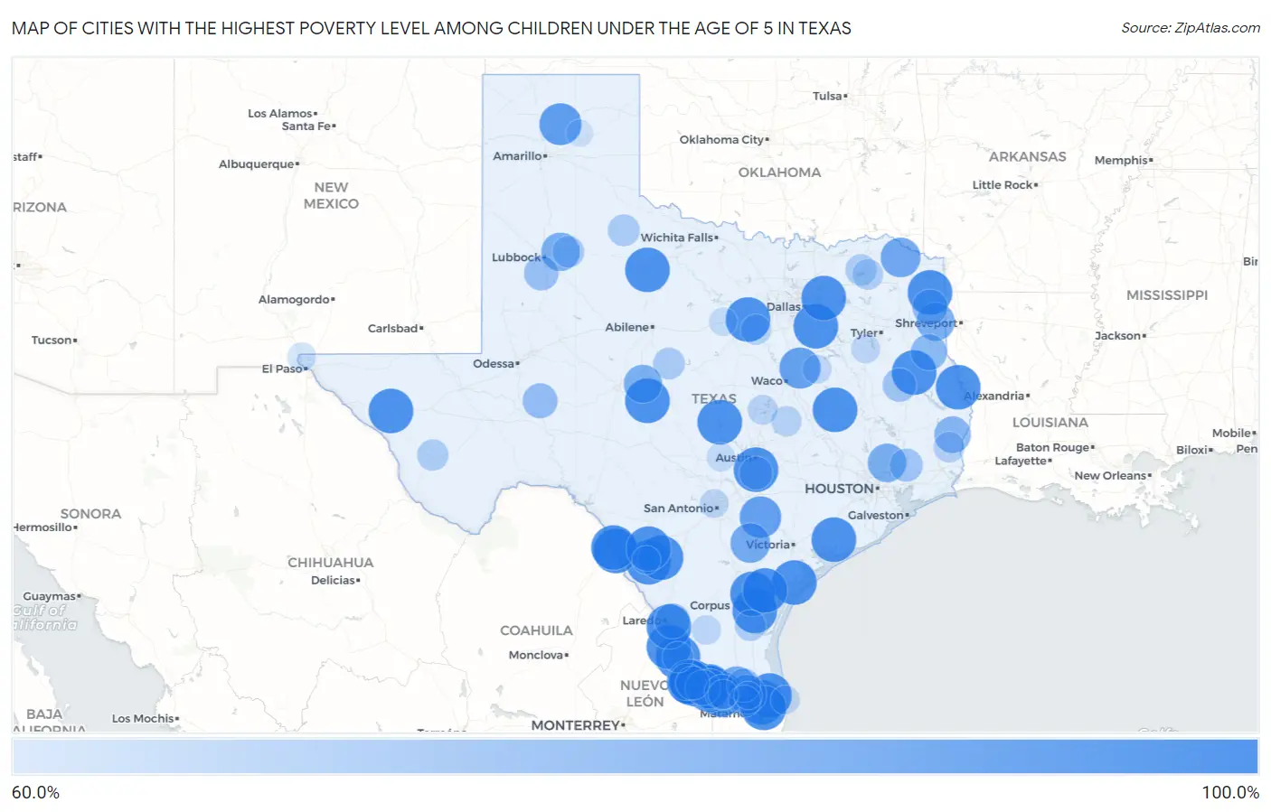 Cities with the Highest Poverty Level Among Children Under the Age of 5 in Texas Map