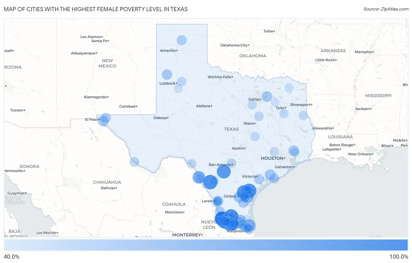 Cities with the Highest Female Poverty Level in Texas Map