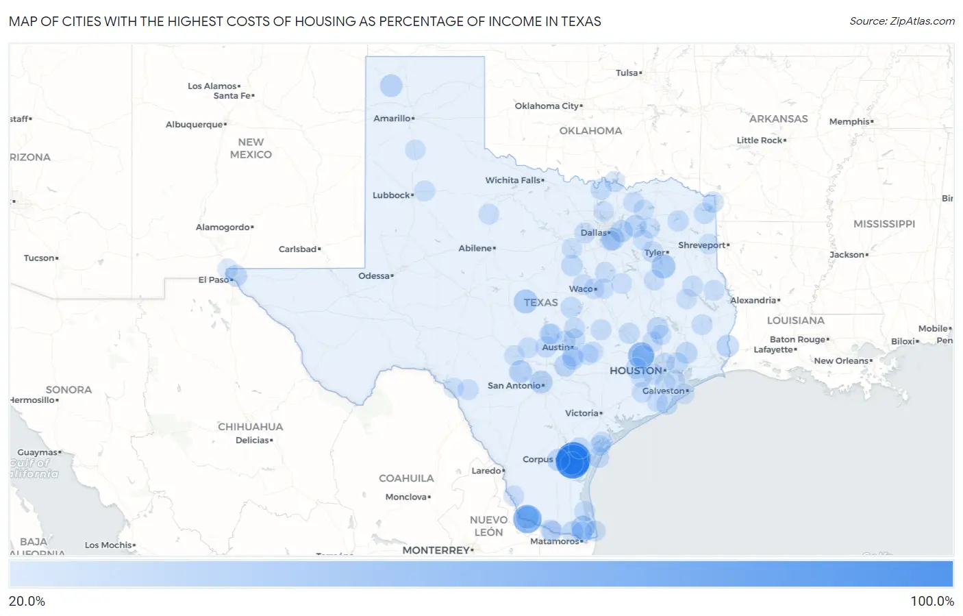 Cities with the Highest Costs of Housing as Percentage of Income in Texas Map