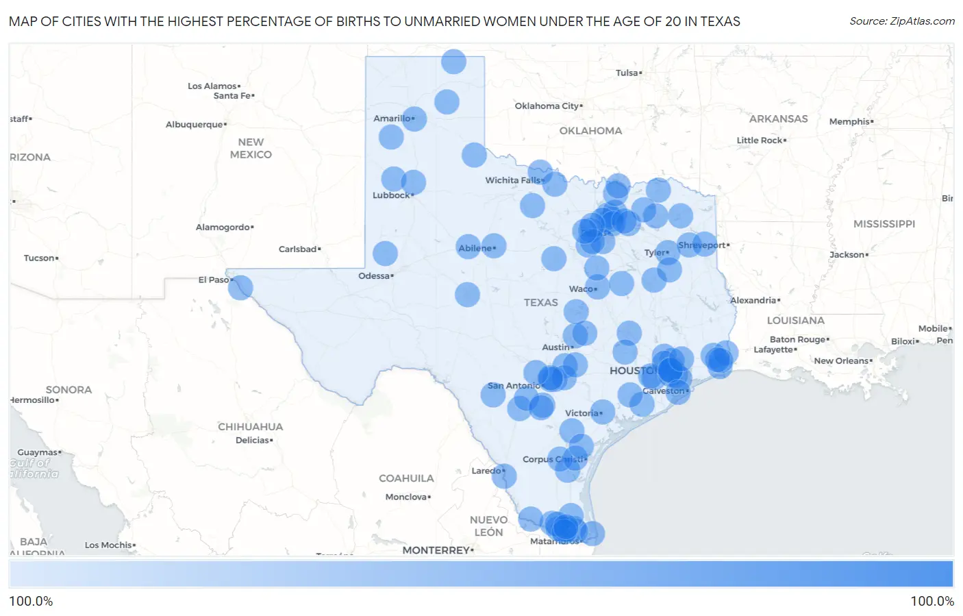 Cities with the Highest Percentage of Births to Unmarried Women under the Age of 20 in Texas Map