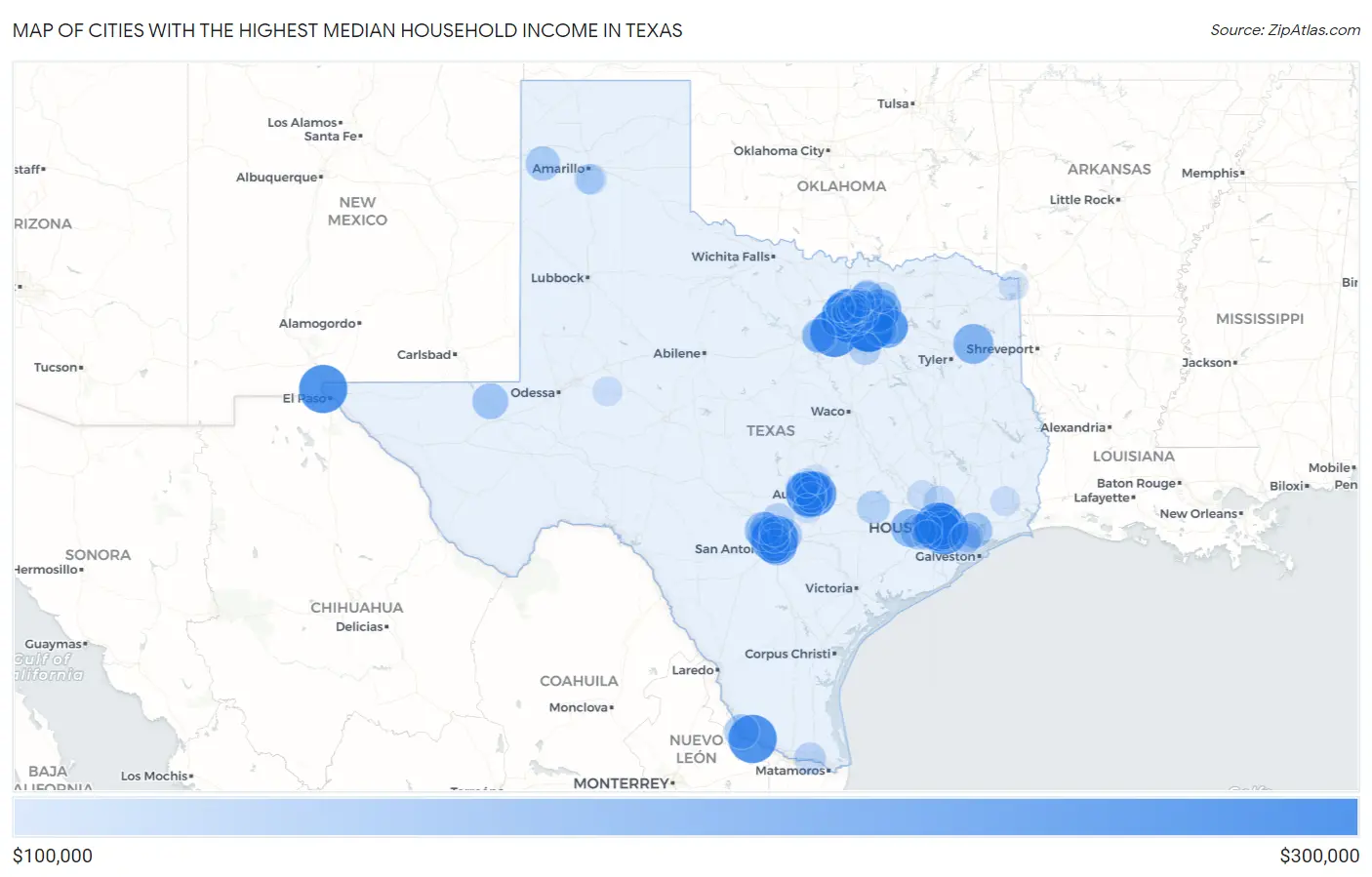 Cities with the Highest Median Household Income in Texas Map