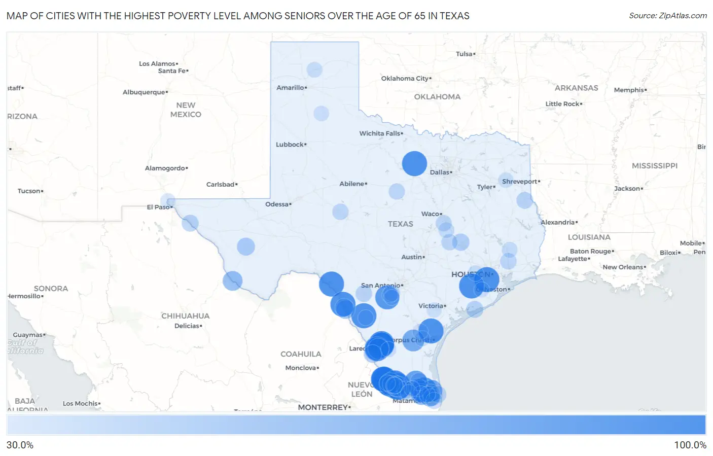 Cities with the Highest Poverty Level Among Seniors Over the Age of 65 in Texas Map