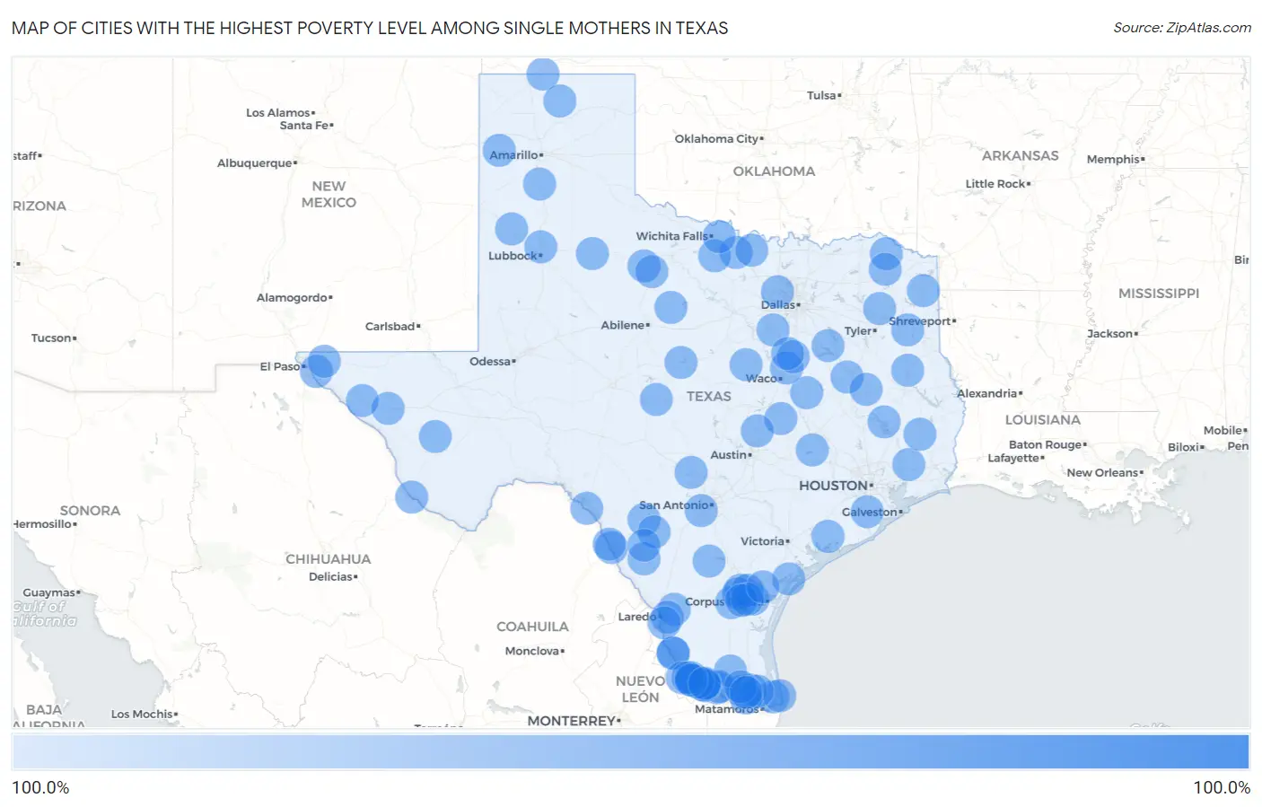 Cities with the Highest Poverty Level Among Single Mothers in Texas Map