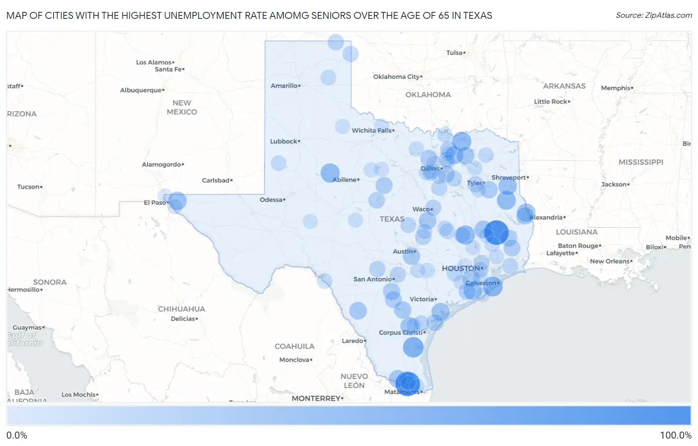 Cities with the Highest Unemployment Rate Amomg Seniors Over the Age of 65 in Texas Map