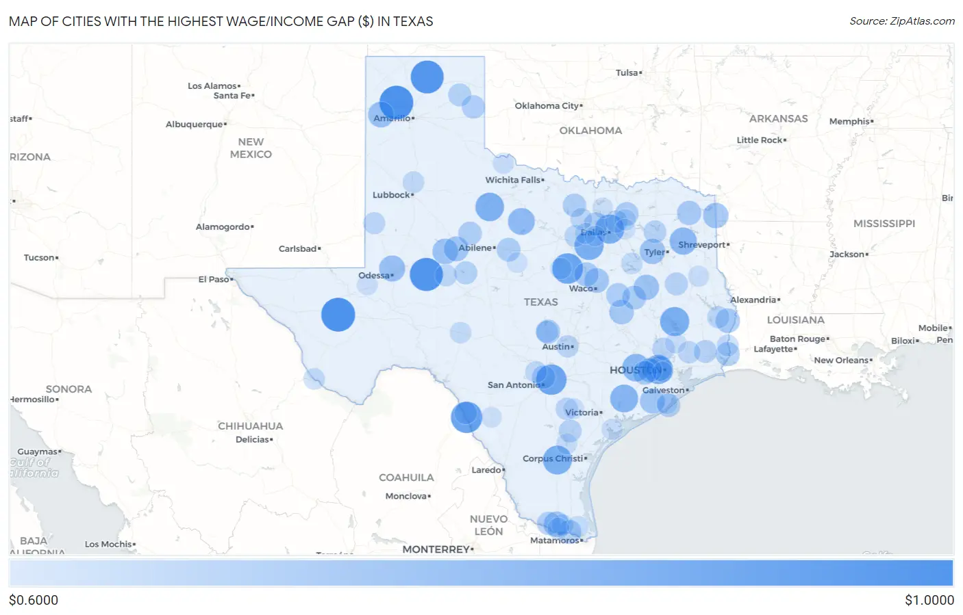 Cities with the Highest Wage/Income Gap ($) in Texas Map