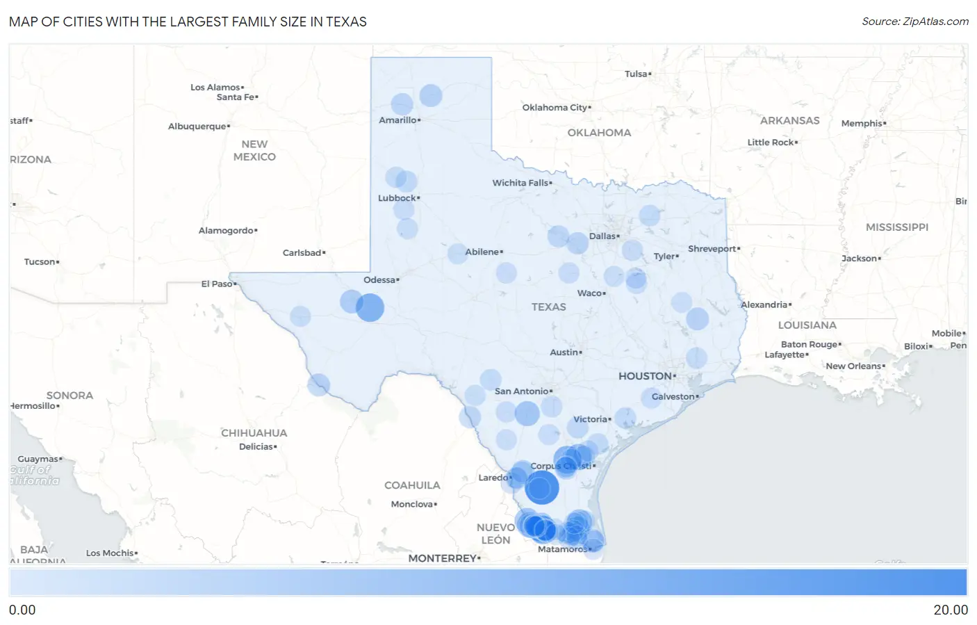 Cities with the Largest Family Size in Texas Map