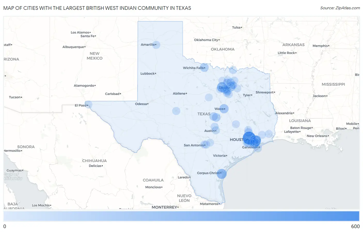 Cities with the Largest British West Indian Community in Texas Map