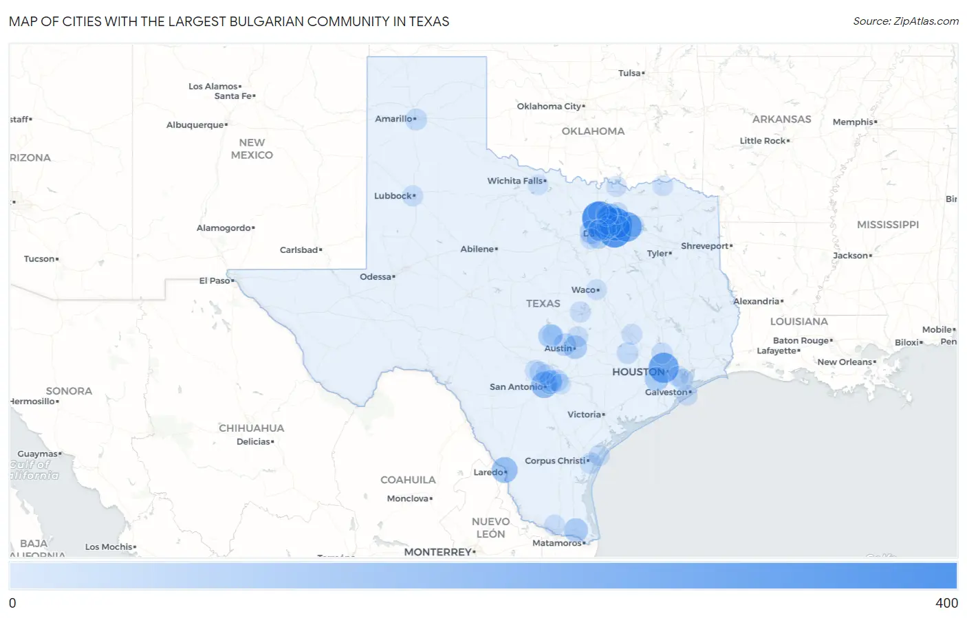 Cities with the Largest Bulgarian Community in Texas Map
