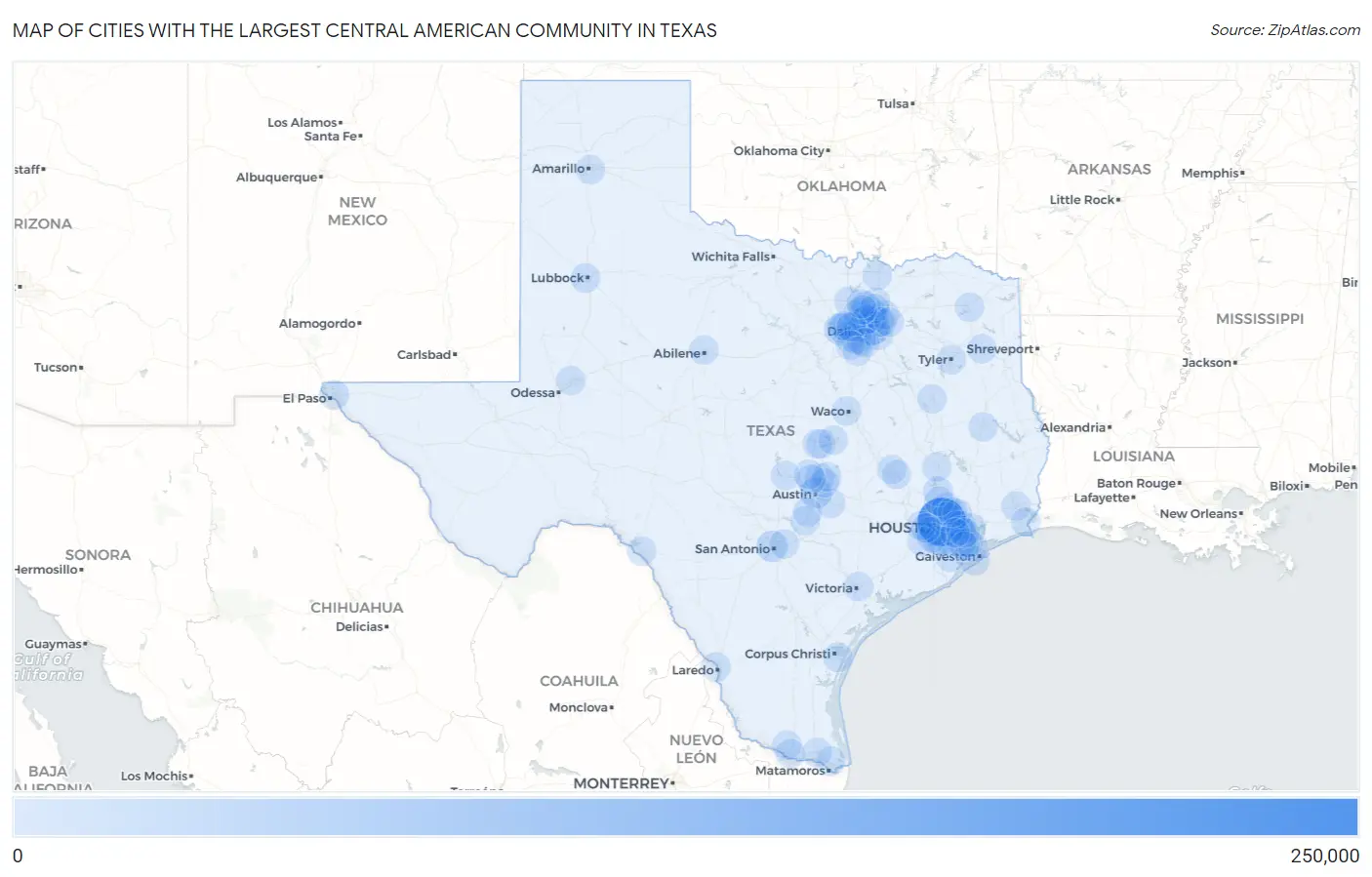 Cities with the Largest Central American Community in Texas Map