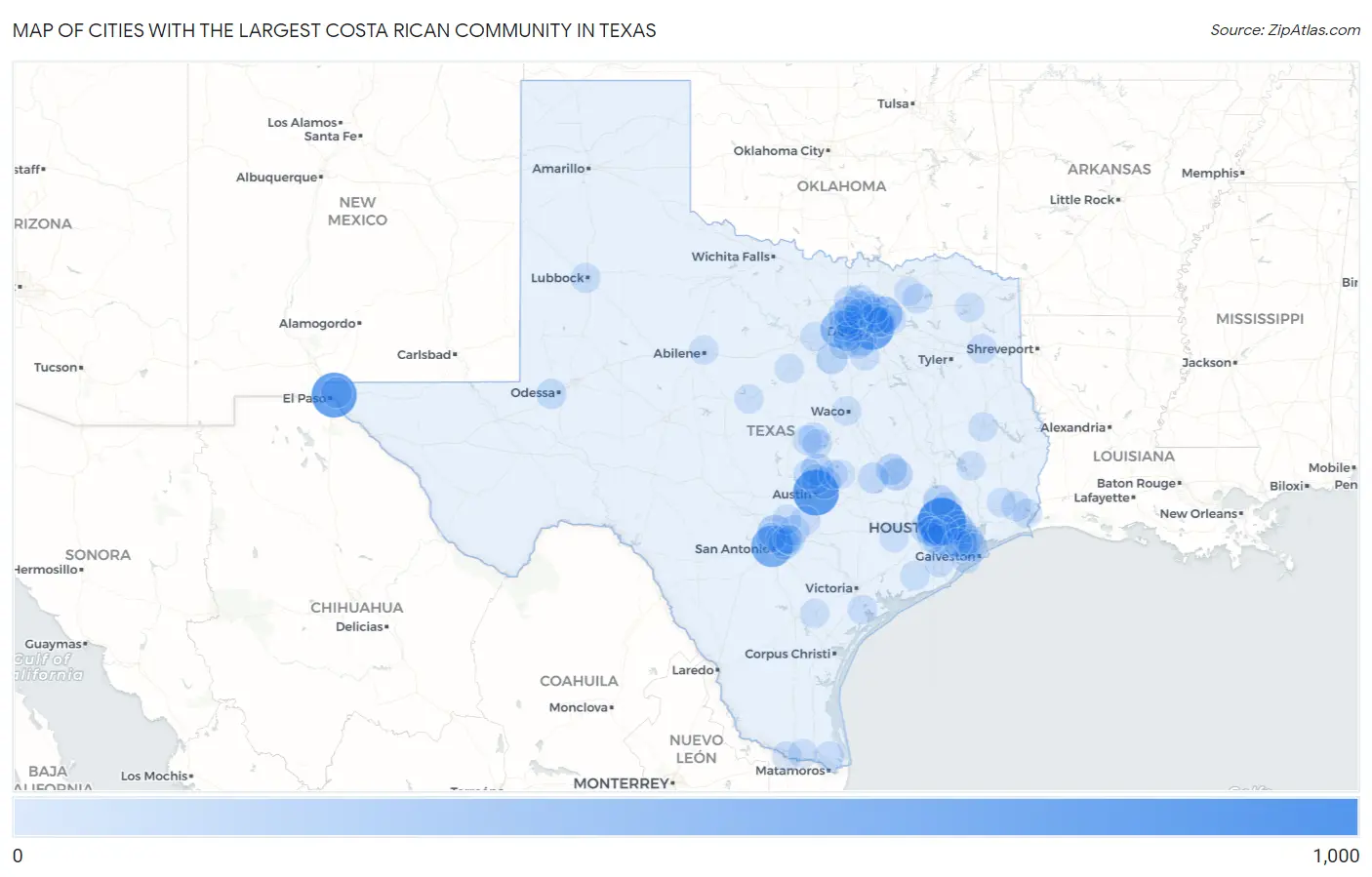 Cities with the Largest Costa Rican Community in Texas Map