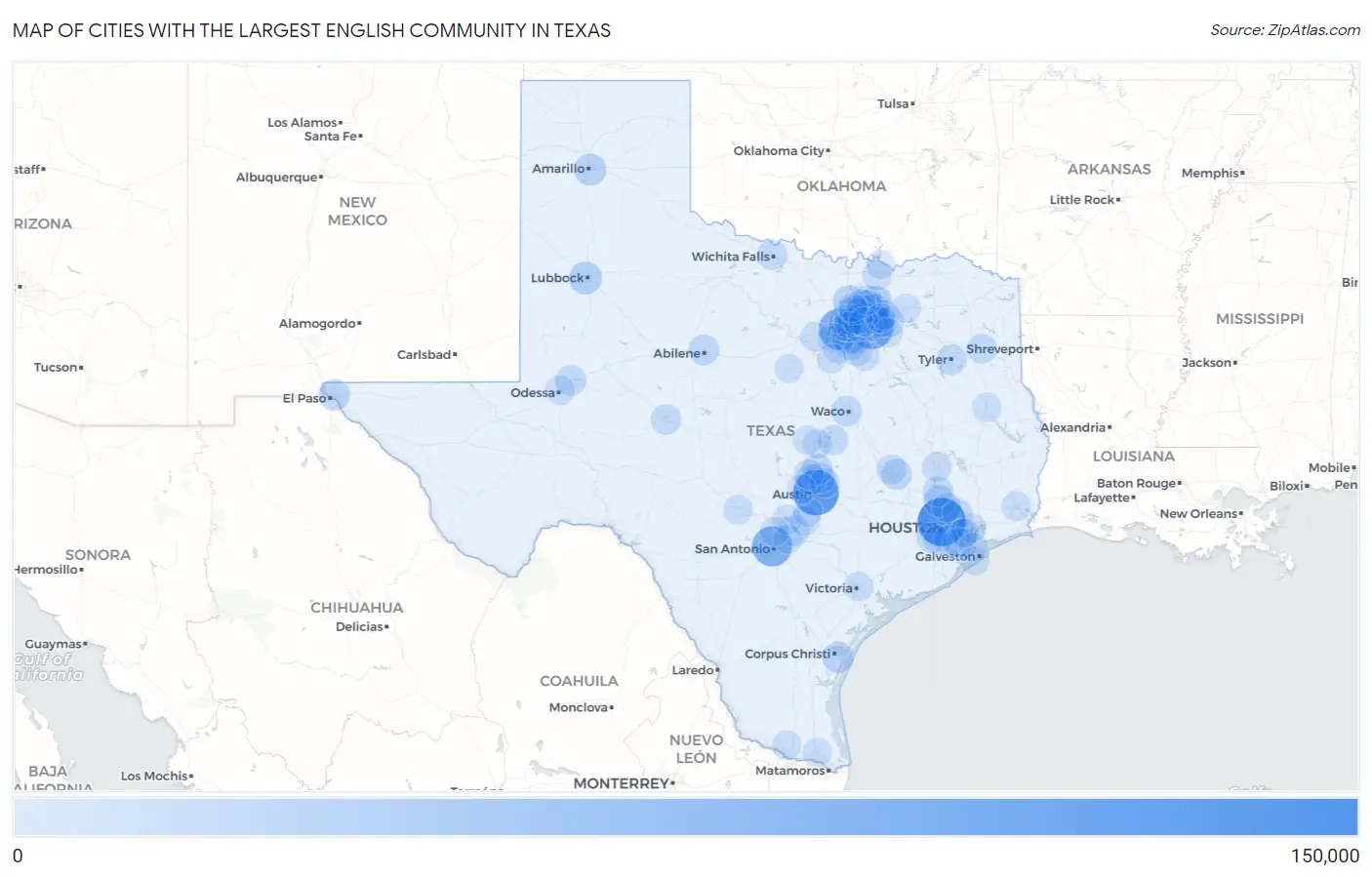 Cities with the Largest English Community in Texas Map