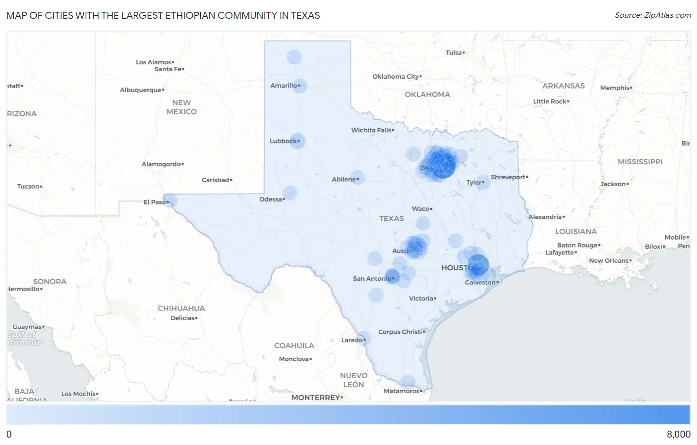 Cities with the Largest Ethiopian Community in Texas Map