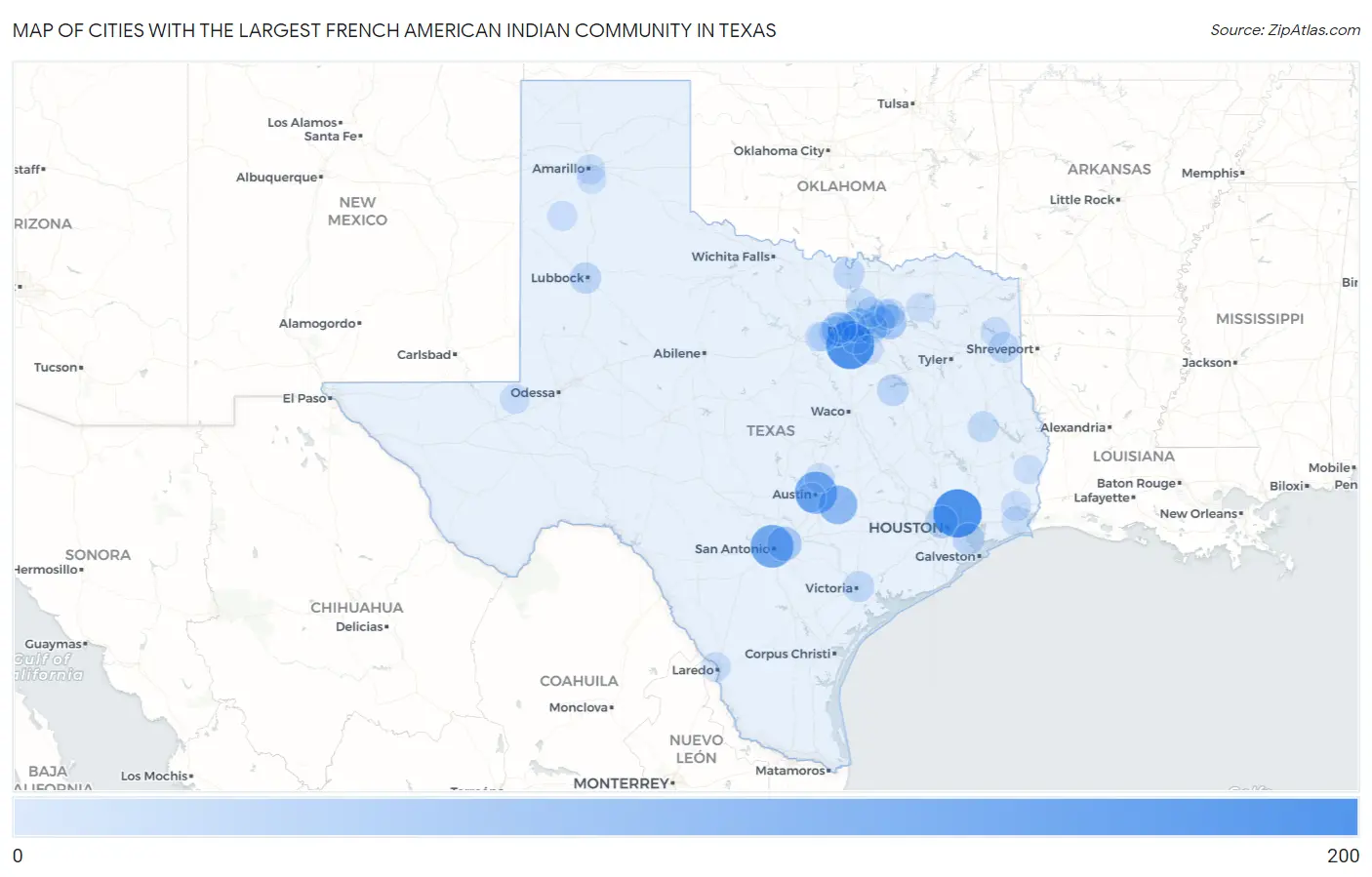 Cities with the Largest French American Indian Community in Texas Map
