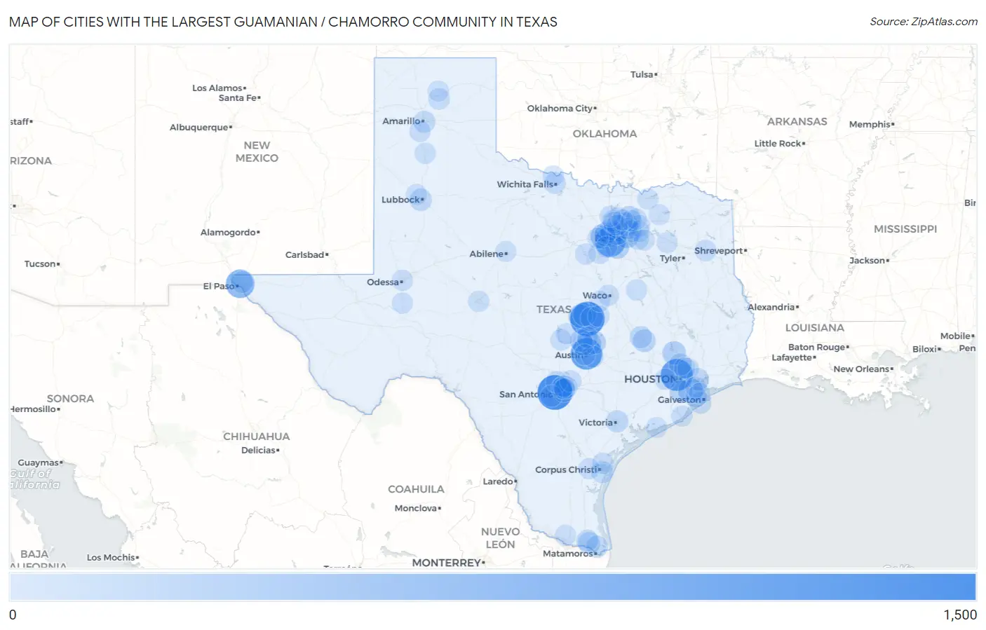 Cities with the Largest Guamanian / Chamorro Community in Texas Map