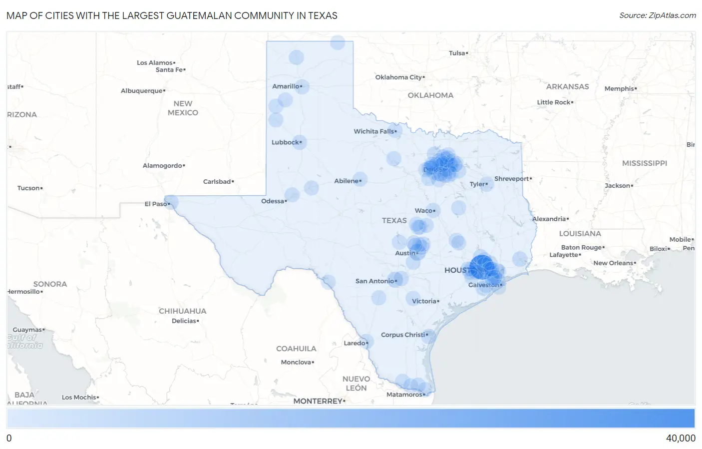 Cities with the Largest Guatemalan Community in Texas Map