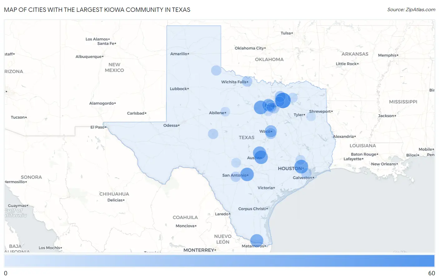 Cities with the Largest Kiowa Community in Texas Map