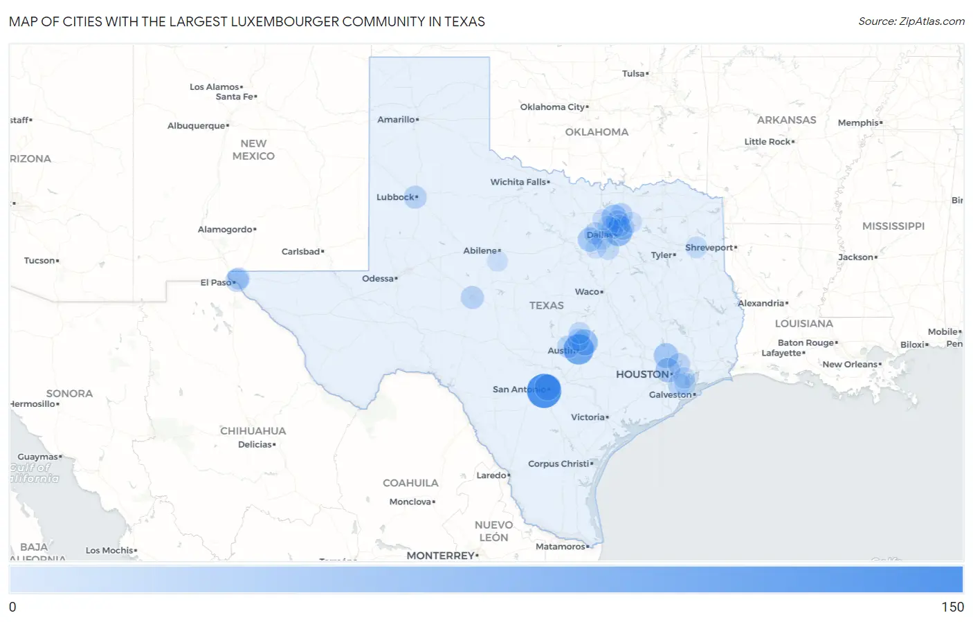 Cities with the Largest Luxembourger Community in Texas Map