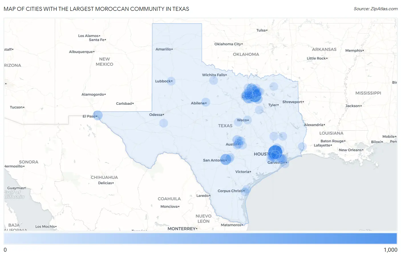Cities with the Largest Moroccan Community in Texas Map