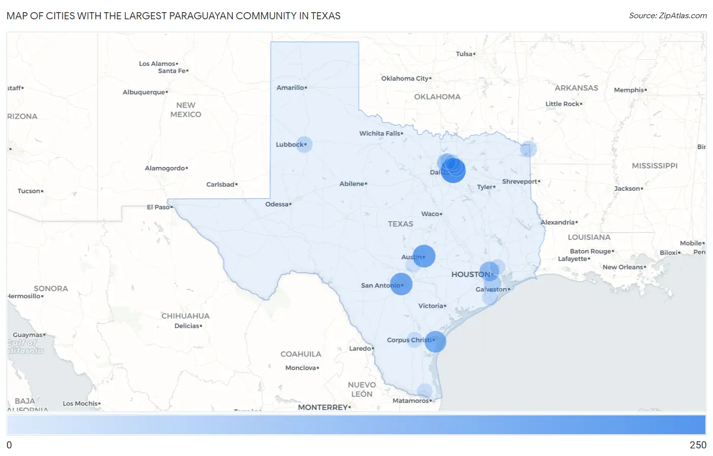 Cities with the Largest Paraguayan Community in Texas Map