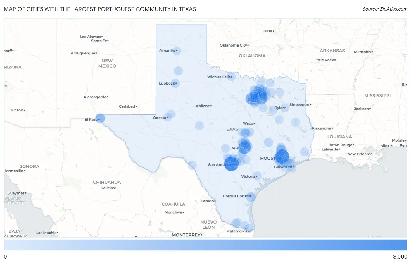 Cities with the Largest Portuguese Community in Texas Map