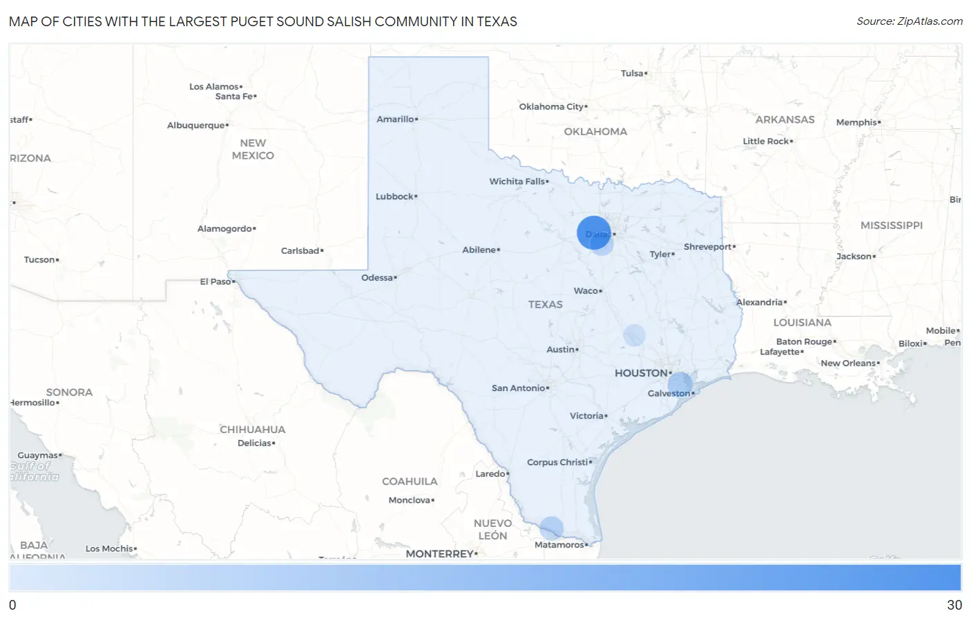 Cities with the Largest Puget Sound Salish Community in Texas Map