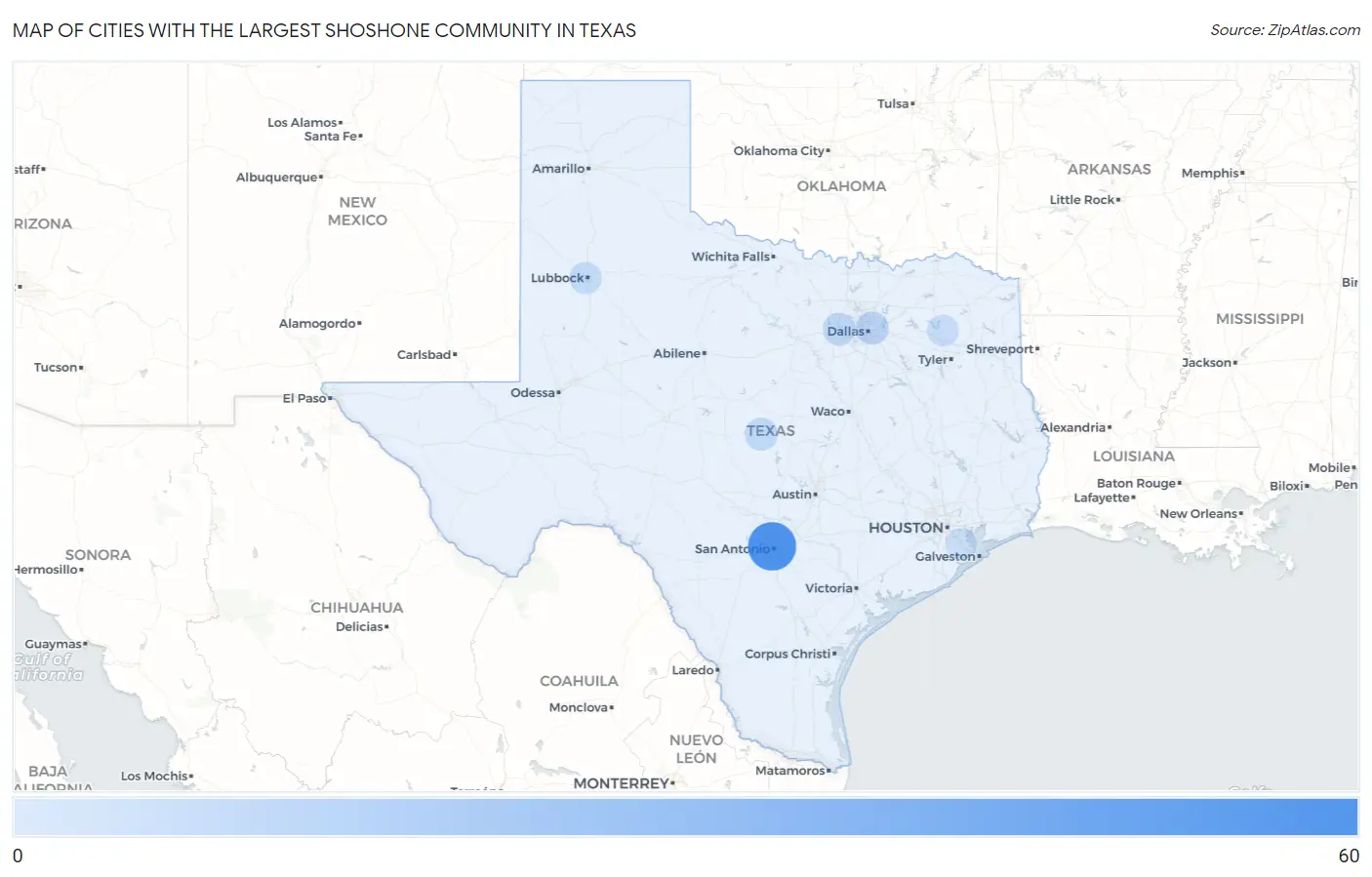 Cities with the Largest Shoshone Community in Texas Map