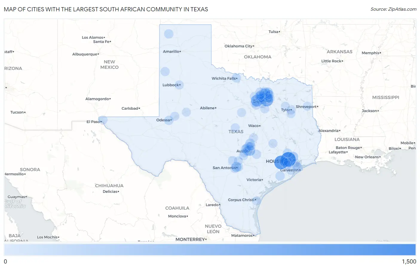 Cities with the Largest South African Community in Texas Map