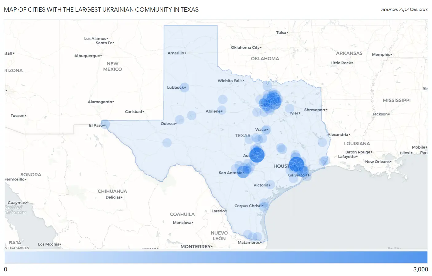 Cities with the Largest Ukrainian Community in Texas Map
