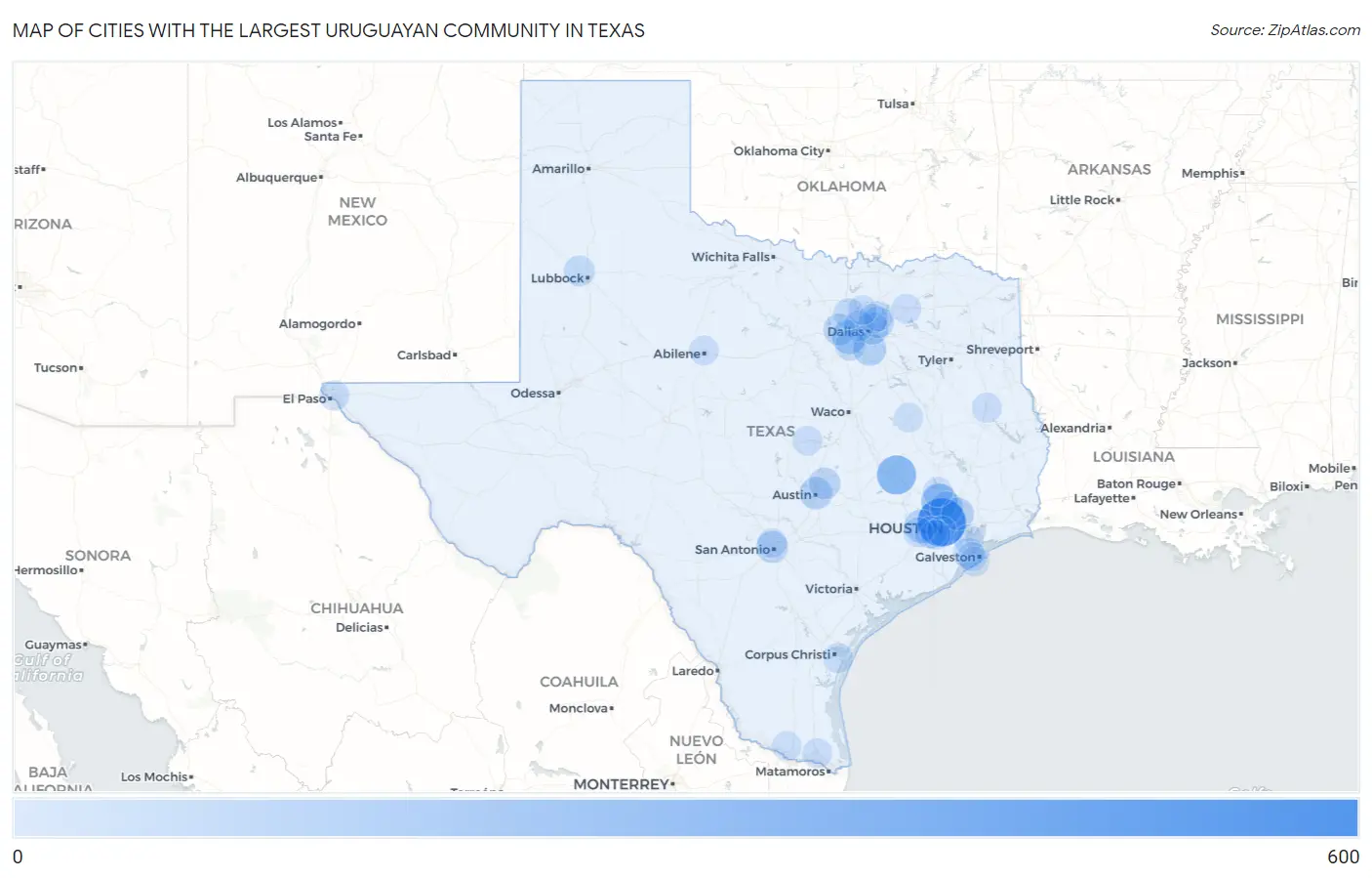 Cities with the Largest Uruguayan Community in Texas Map