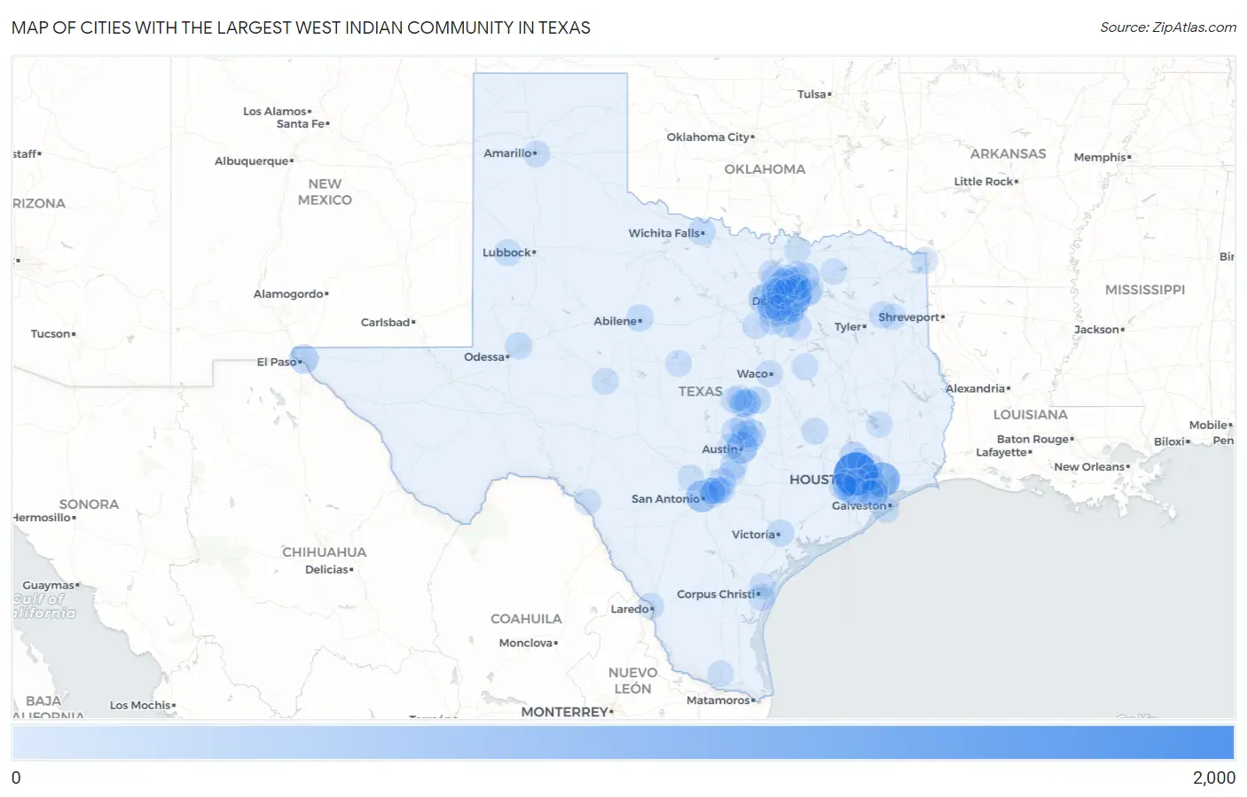 Cities with the Largest West Indian Community in Texas Map