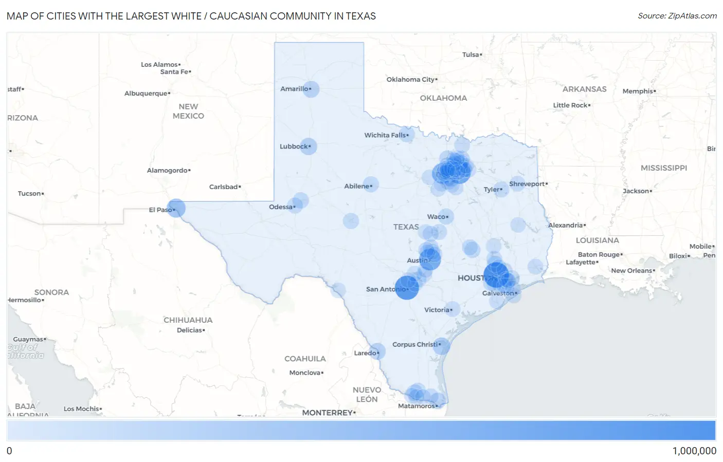 Cities with the Largest White / Caucasian Community in Texas Map