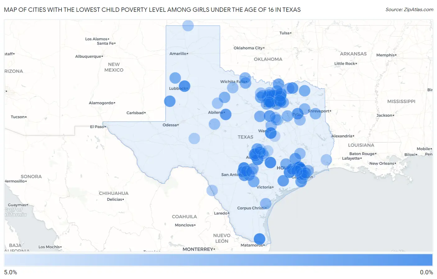 Cities with the Lowest Child Poverty Level Among Girls Under the Age of 16 in Texas Map