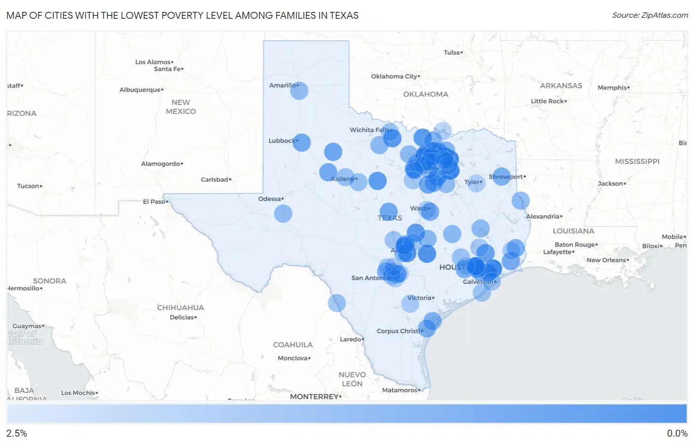 Cities with the Lowest Poverty Level Among Families in Texas Map