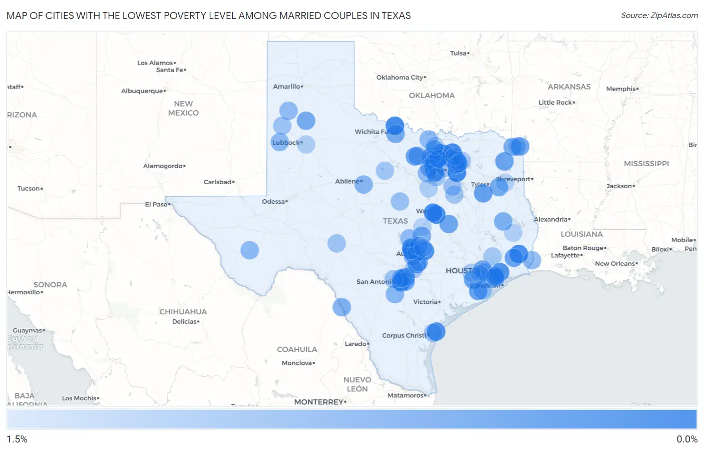 Cities with the Lowest Poverty Level Among Married Couples in Texas Map