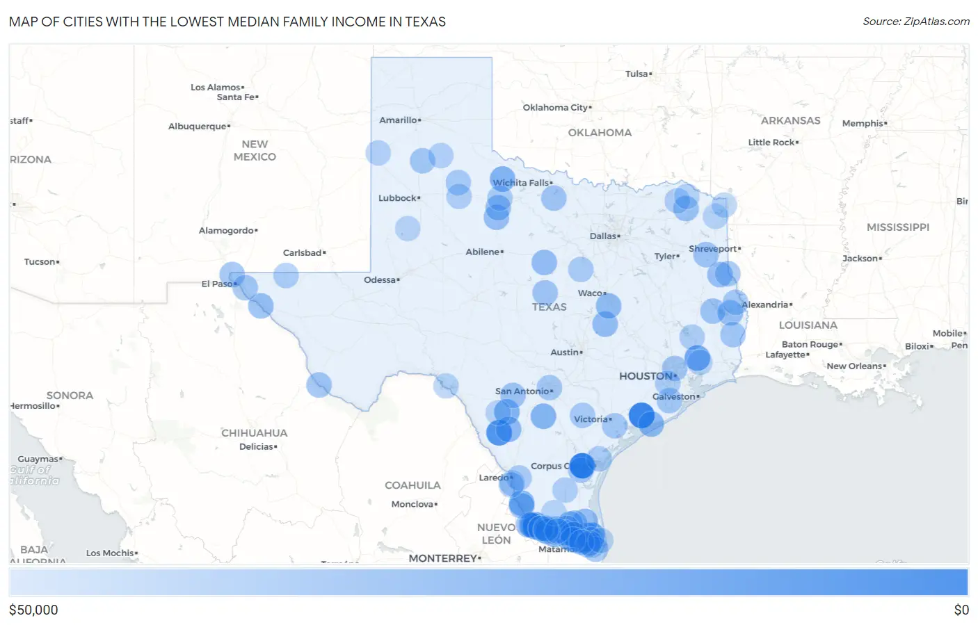 Cities with the Lowest Median Family Income in Texas Map