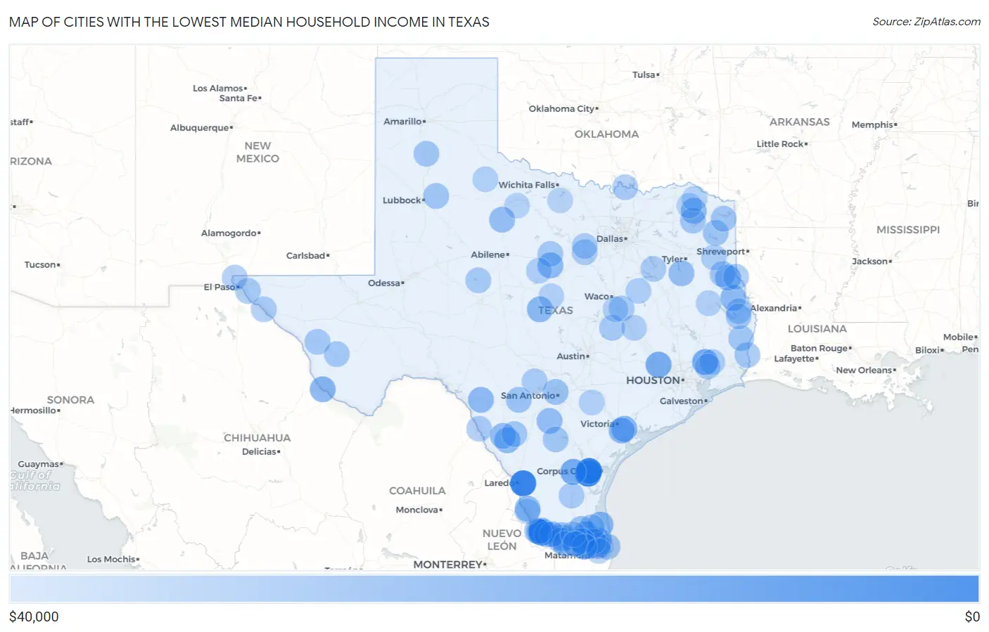Cities with the Lowest Median Household Income in Texas Map
