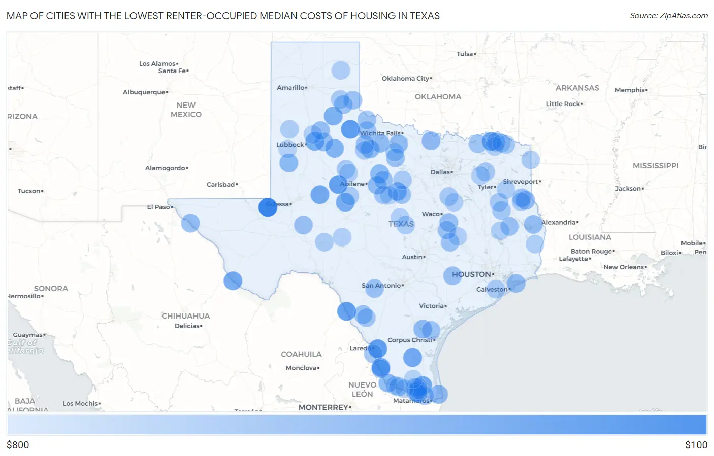 Cities with the Lowest Renter-Occupied Median Costs of Housing in Texas Map