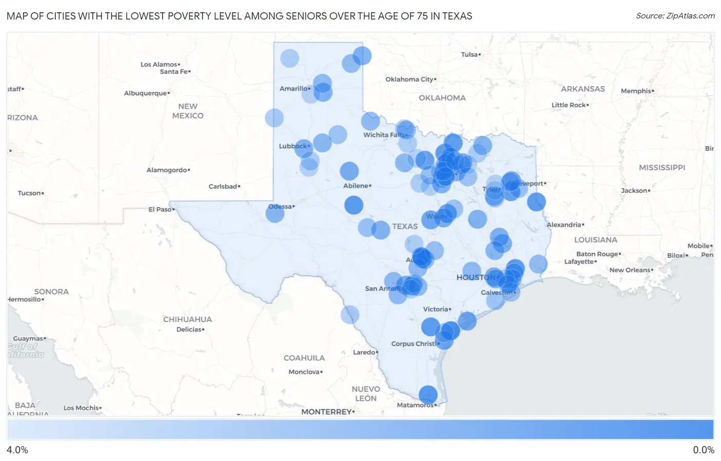 Cities with the Lowest Poverty Level Among Seniors Over the Age of 75 in Texas Map