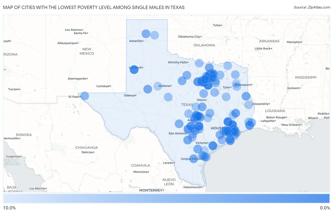Cities with the Lowest Poverty Level Among Single Males in Texas Map