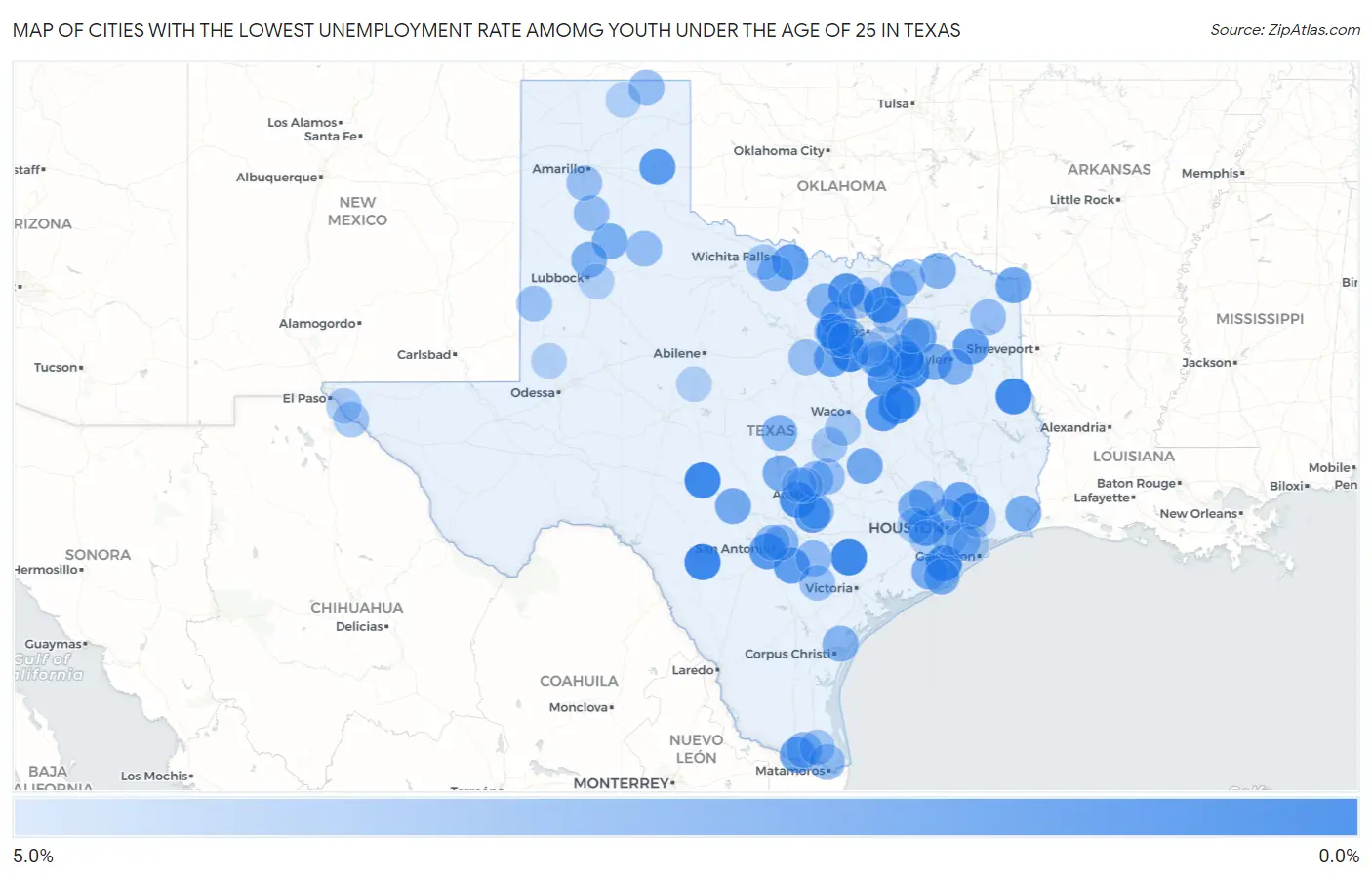 Cities with the Lowest Unemployment Rate Amomg Youth Under the Age of 25 in Texas Map