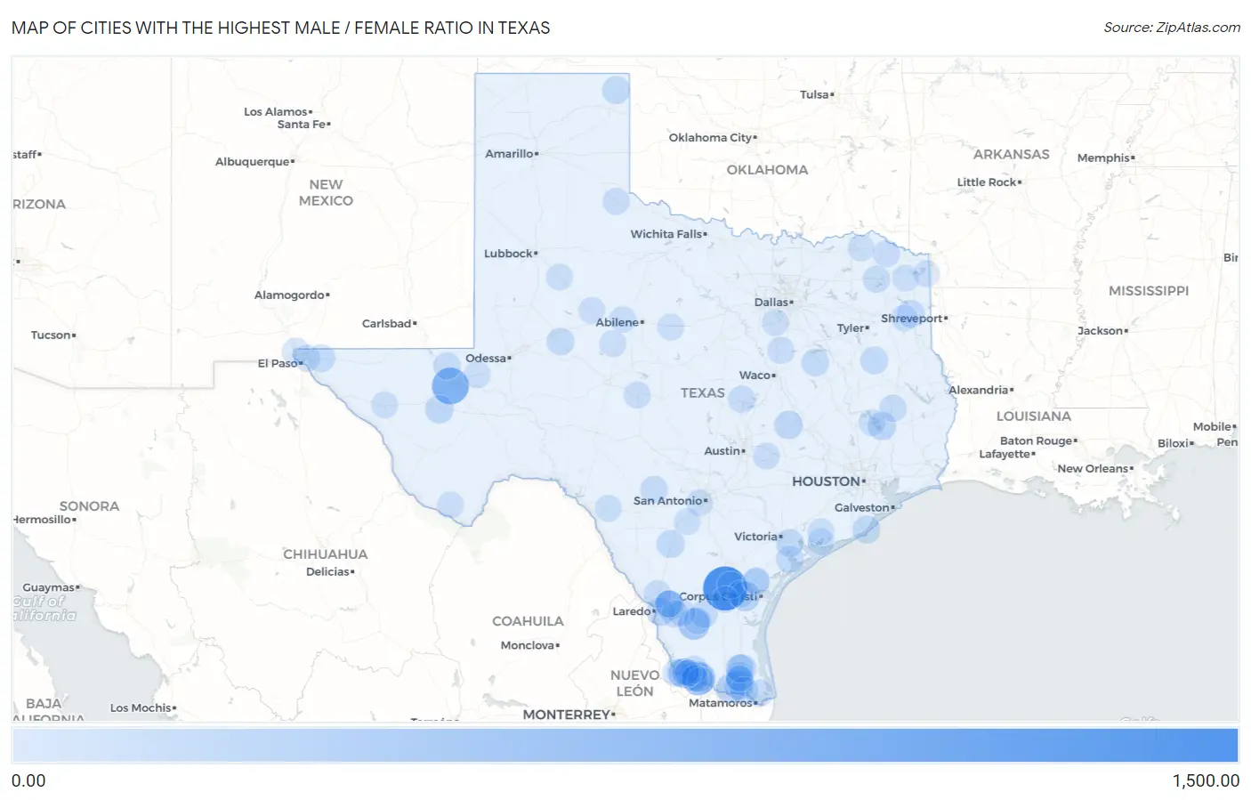 Cities with the Highest Male / Female Ratio in Texas Map