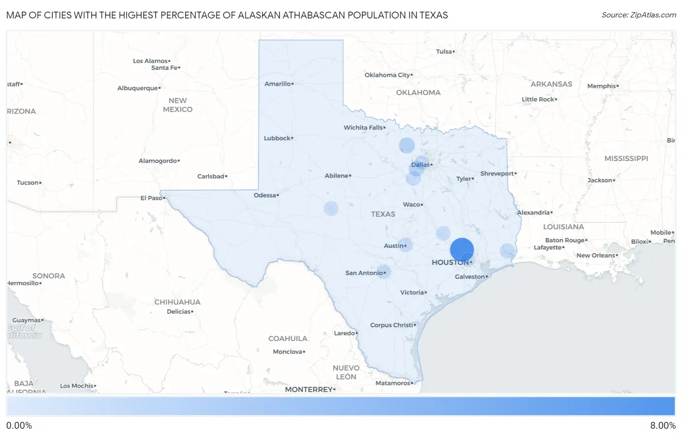 Cities with the Highest Percentage of Alaskan Athabascan Population in Texas Map