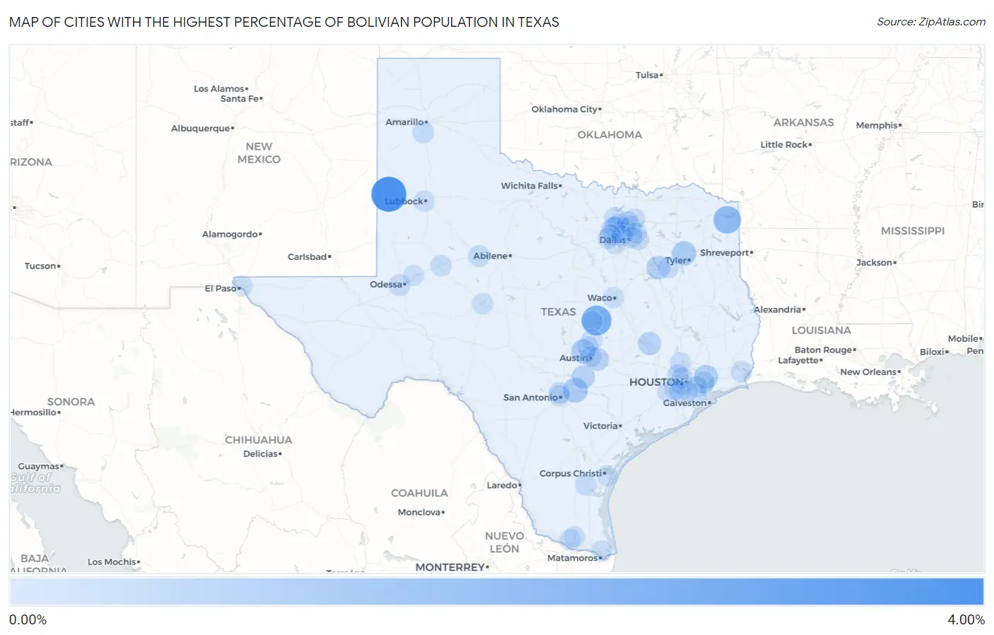 Cities with the Highest Percentage of Bolivian Population in Texas Map