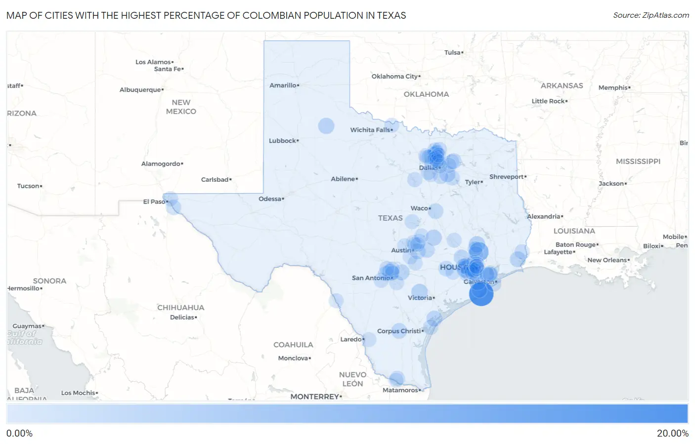 Cities with the Highest Percentage of Colombian Population in Texas Map