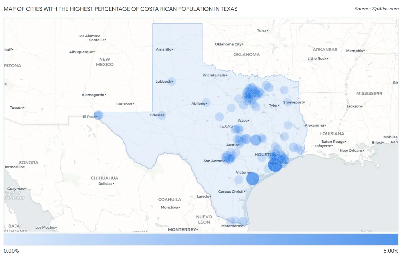 Cities with the Highest Percentage of Costa Rican Population in Texas Map
